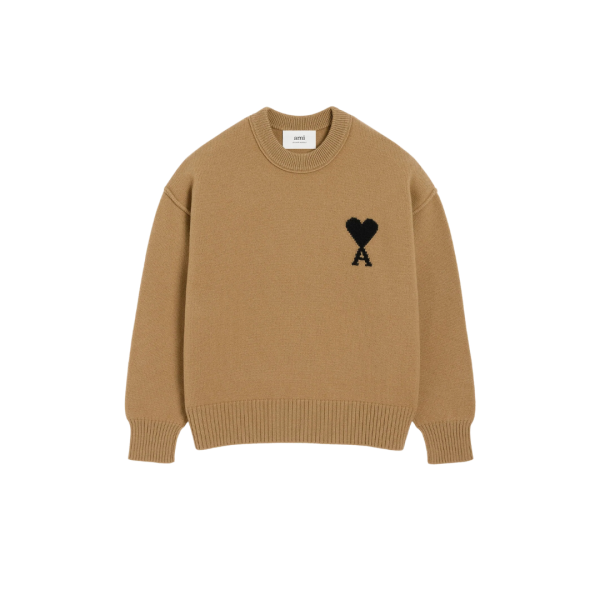 Pull col rond AMI Paris laine mérinos camel ami de cœur noir