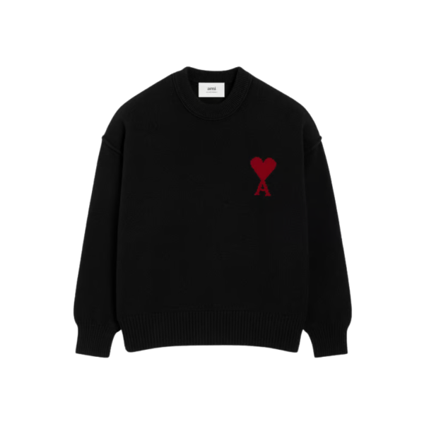 Pull col rond AMI Paris laine mérinos noir ami de cœur rouge