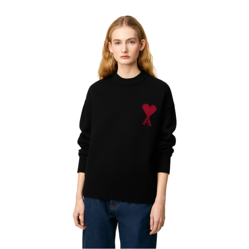 Pull col rond AMI Paris laine mérinos noir ami de cœur rouge