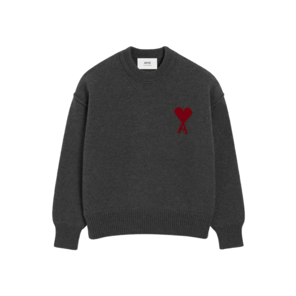 Pull col rond AMI Paris laine mérinos gris ami de cœur rouge