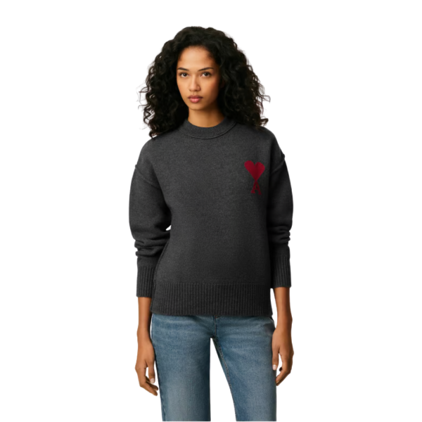 Pull col rond AMI Paris laine mérinos gris ami de cœur rouge
