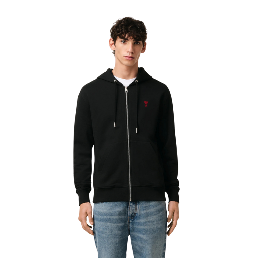 Cardigan Hoodie zippé AMI Paris molleton coton bio noir ami de cœur rouge
