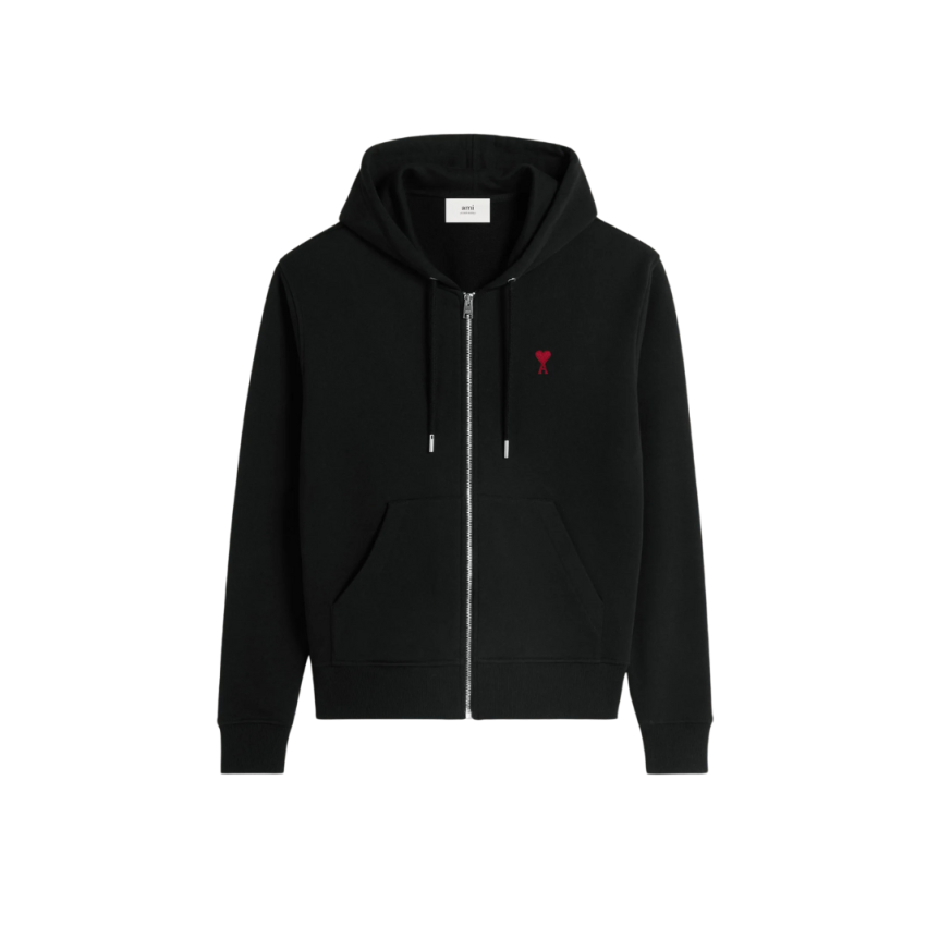 Cardigan Hoodie zippé AMI Paris molleton coton bio noir ami de cœur rouge