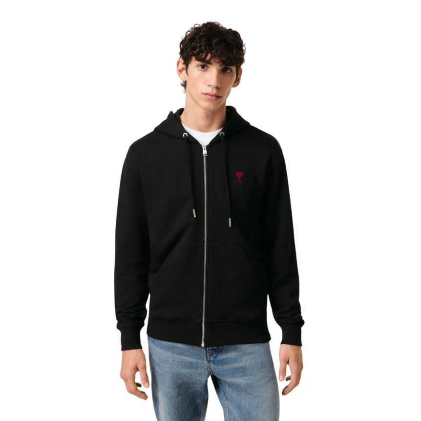 Cardigan Hoodie zippé AMI Paris molleton coton bio noir ami de cœur rouge
