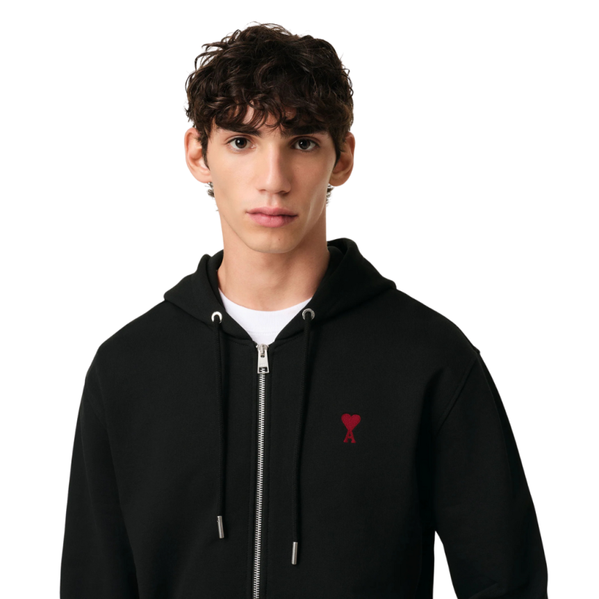 Cardigan Hoodie zippé AMI Paris molleton coton bio noir ami de cœur rouge