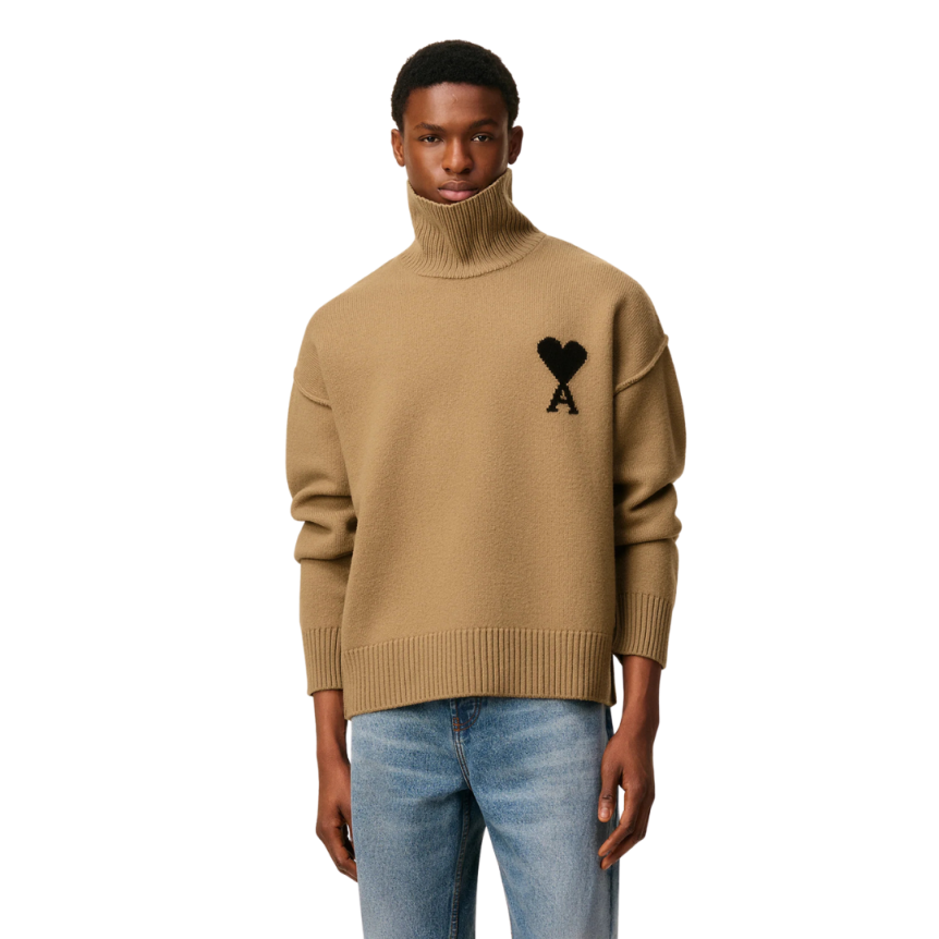 Pull col cheminée AMI Paris laine mérinos camel ami de cœur noir