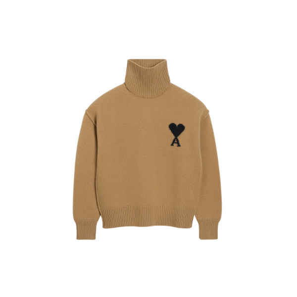 Pull col cheminée AMI Paris laine mérinos camel ami de cœur noir