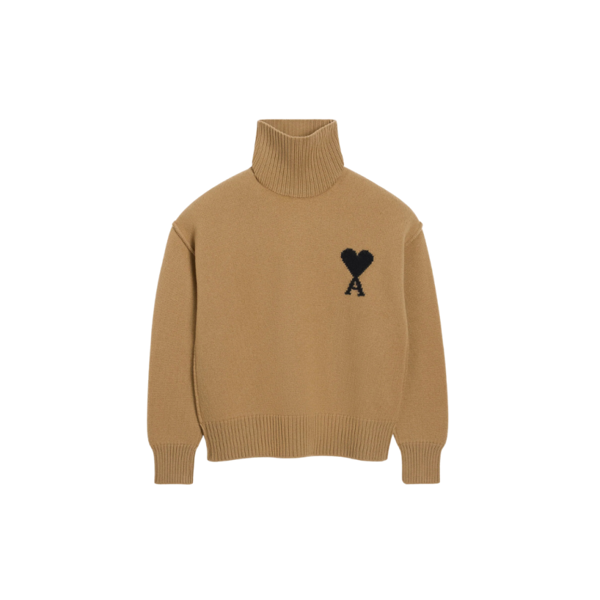 Pull col cheminée AMI Paris laine mérinos camel ami de cœur noir