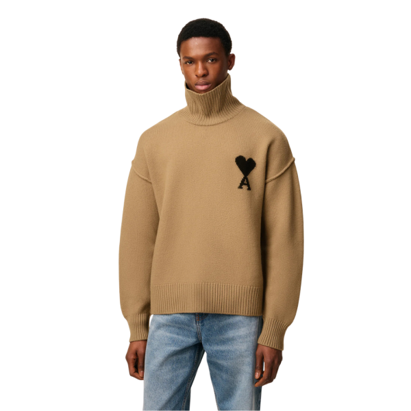 Pull col cheminée AMI Paris laine mérinos camel ami de cœur noir