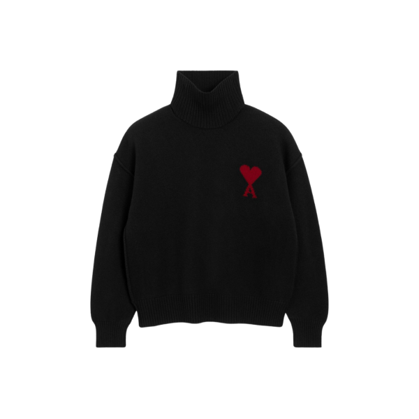 Pull col cheminée AMI Paris laine mérinos noir ami de cœur rouge