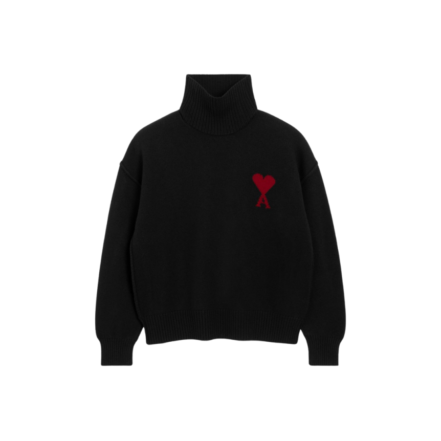 Pull col cheminée AMI Paris laine mérinos noir ami de cœur rouge