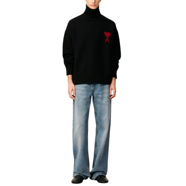 Pull col cheminée AMI Paris laine mérinos noir ami de cœur rouge