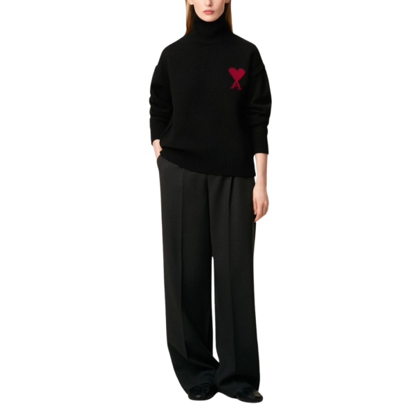 Pull col cheminée AMI Paris laine mérinos noir ami de cœur rouge