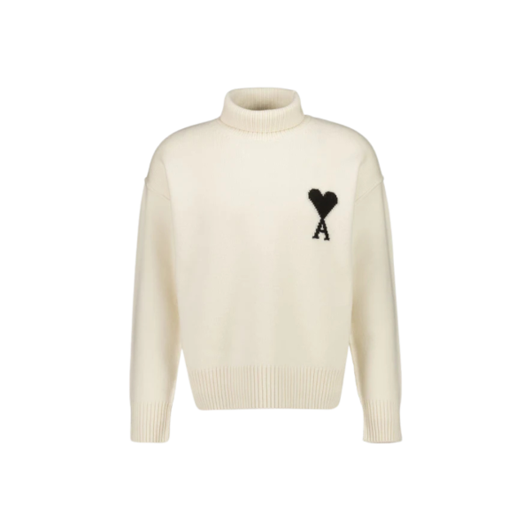 Pull col cheminée AMI Paris laine mérinos écru ami de cœur noir