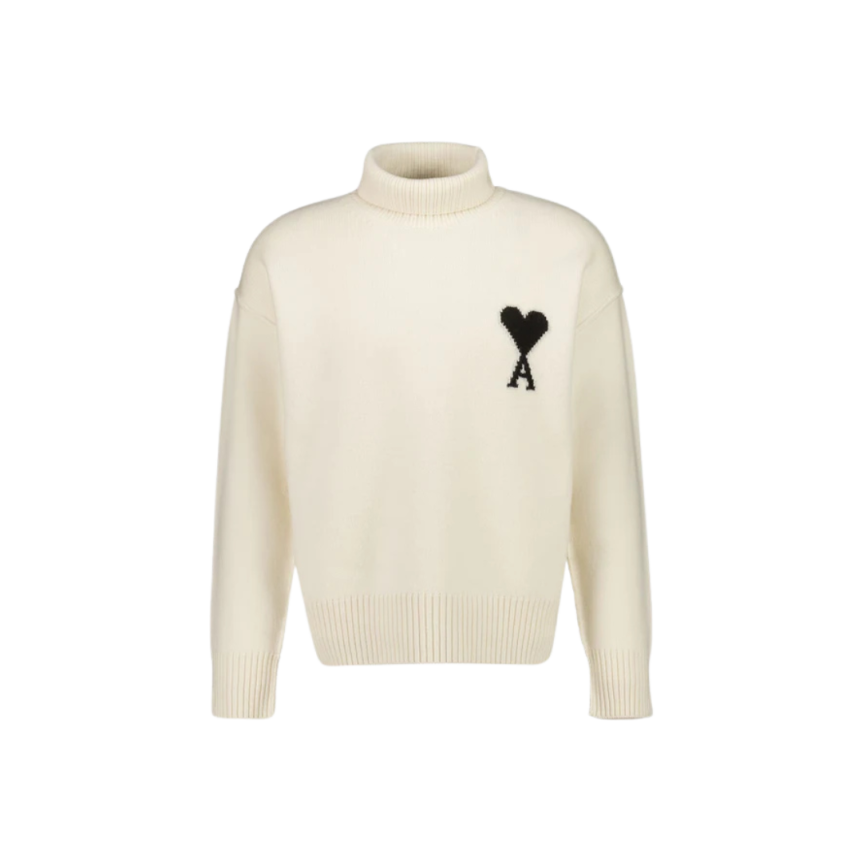 Pull col cheminée AMI Paris laine mérinos écru ami de cœur noir