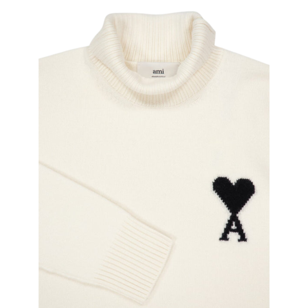 Pull col cheminée AMI Paris laine mérinos écru ami de cœur noir