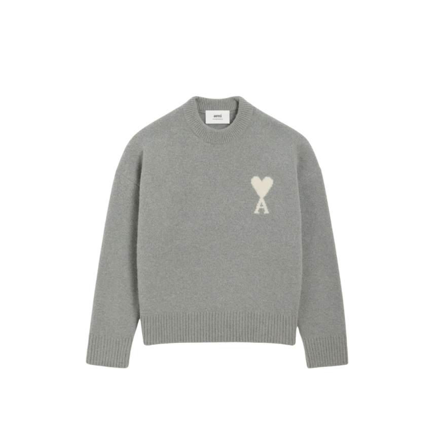 Pull col rond AMI Paris laine alpaga gris clair cœur blanc