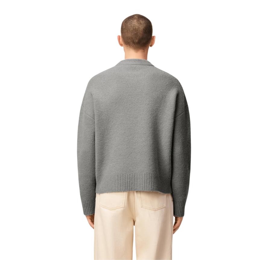 Pull col rond AMI Paris laine alpaga gris clair cœur blanc