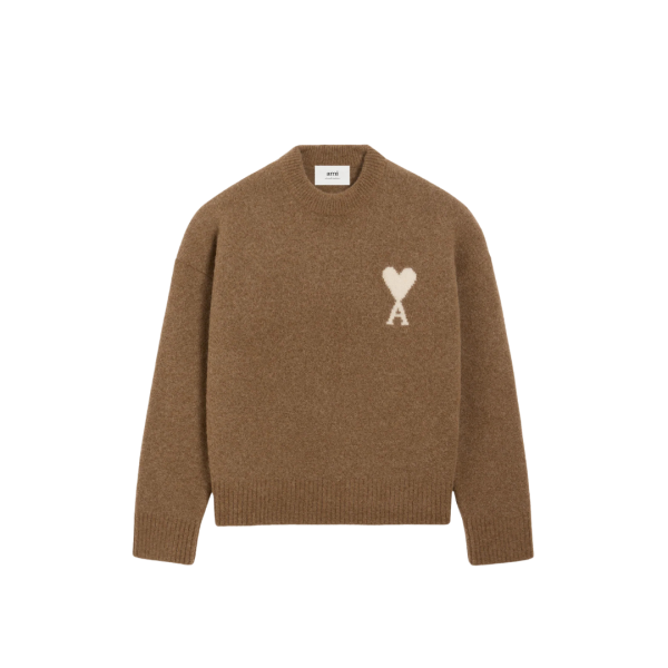 Pull col rond AMI Paris laine alpaga noisette cœur blanc