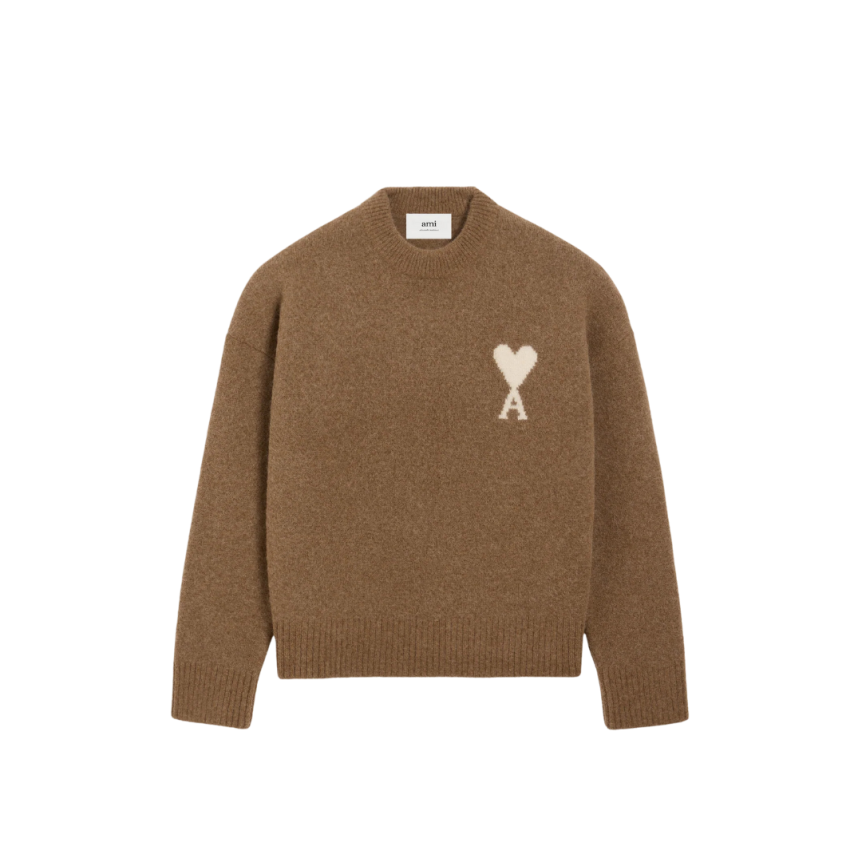 Pull col rond AMI Paris laine alpaga noisette cœur blanc