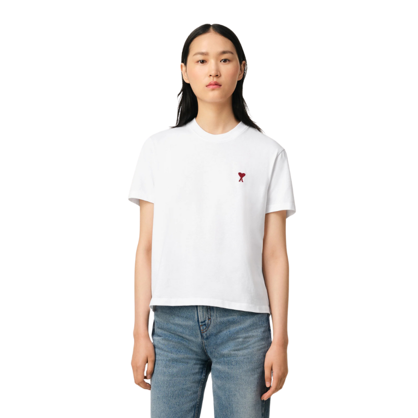T-shirt AMI Paris col rond jersey coton bio blanc cœur rouge