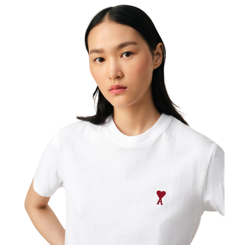 T-shirt AMI Paris col rond jersey coton bio blanc cœur rouge