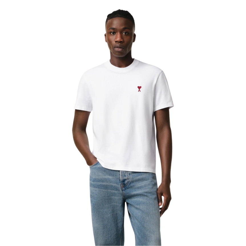 T-shirt AMI Paris col rond jersey coton bio blanc cœur rouge