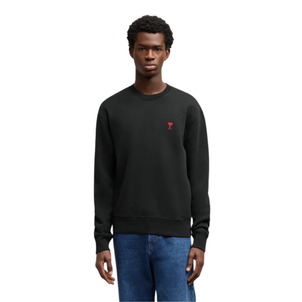 Sweatshirt AMI Paris col rond molleton coton bio non gratté noir logo cœur rouge