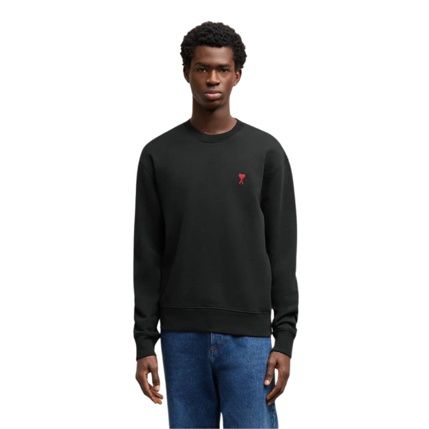 Sweatshirt AMI Paris col rond molleton coton bio non gratté noir logo cœur rouge