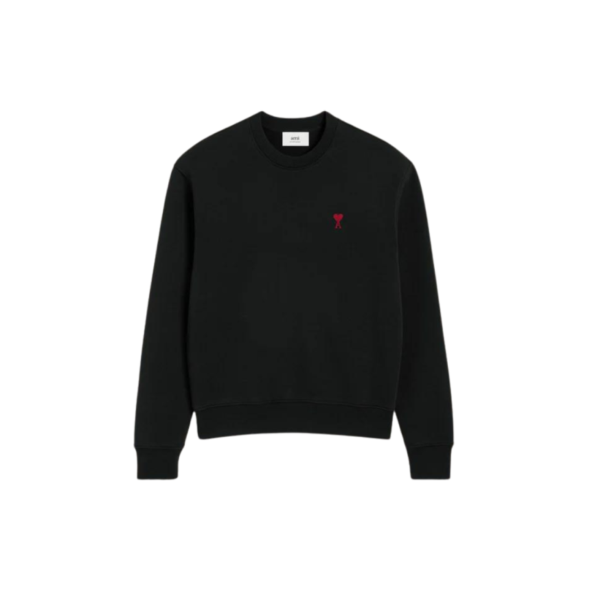 Sweatshirt AMI Paris col rond molleton coton bio non gratté noir logo cœur rouge