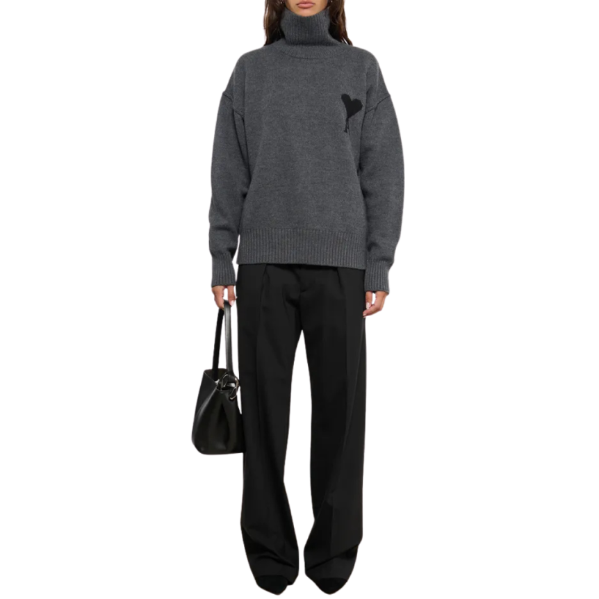 Pull AMI Paris col cheminée roulé laine mérinos gris ami de cœur noir
