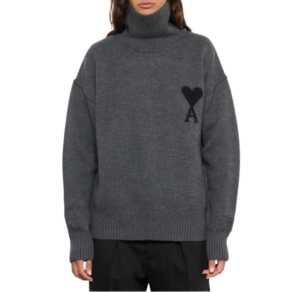 Pull AMI Paris col cheminée roulé laine mérinos gris ami de cœur noir