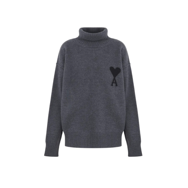 Pull AMI Paris col cheminée roulé laine mérinos gris ami de cœur noir