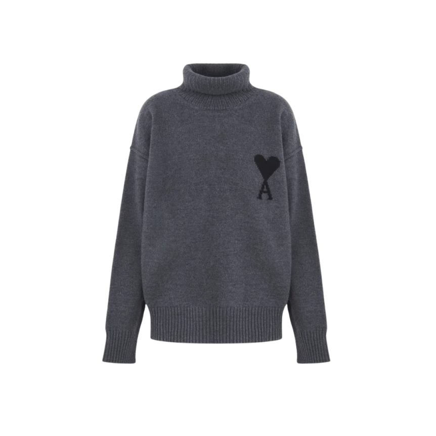 Pull AMI Paris col cheminée roulé laine mérinos gris ami de cœur noir