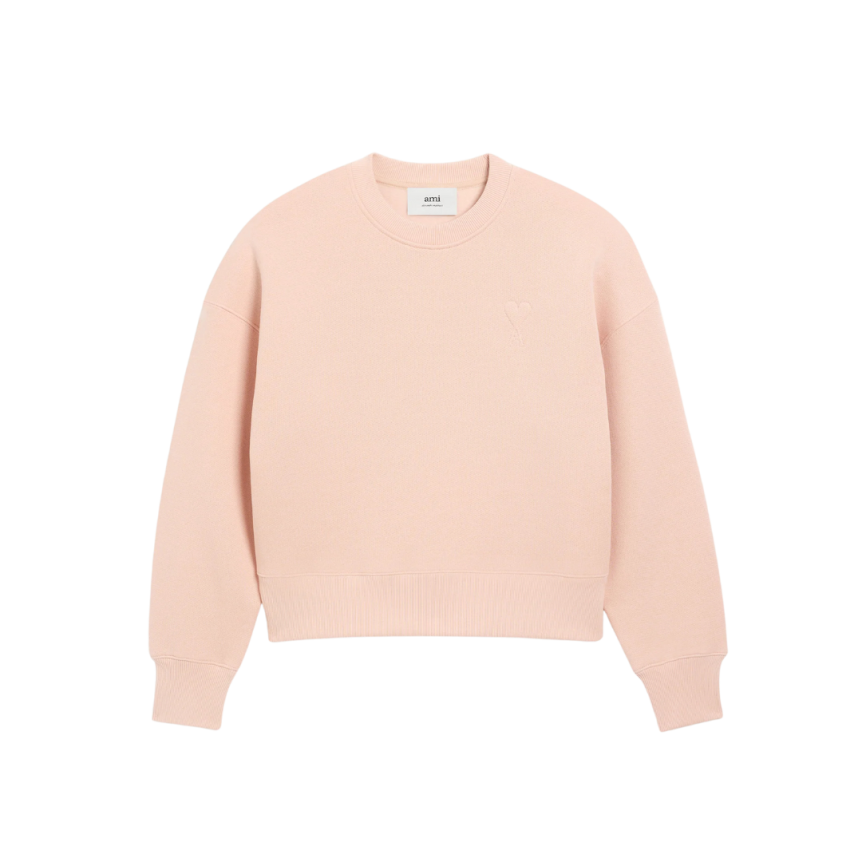 Sweatshirt col rond AMI Paris molleton gratté coton polyester rose saumon cœur ton sur ton