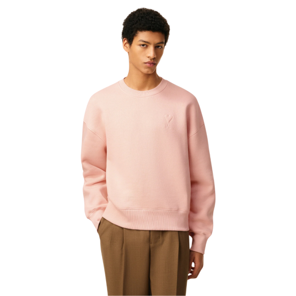 Sweatshirt col rond AMI Paris molleton gratté coton polyester rose saumon cœur ton sur ton
