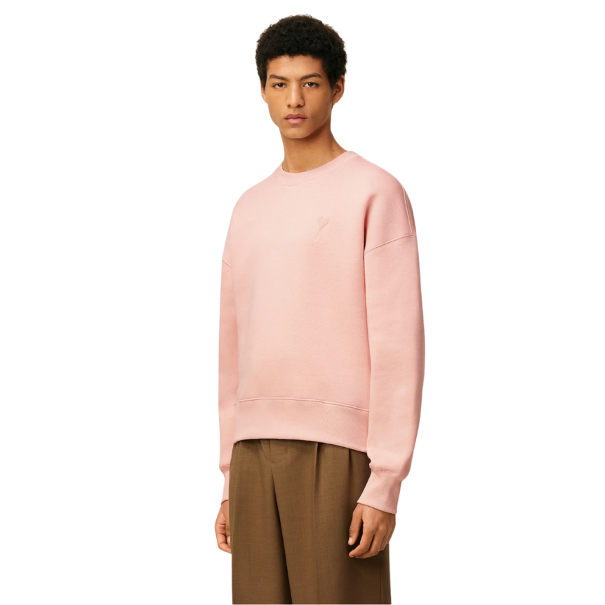 Sweatshirt col rond AMI Paris molleton gratté coton polyester rose saumon cœur ton sur ton