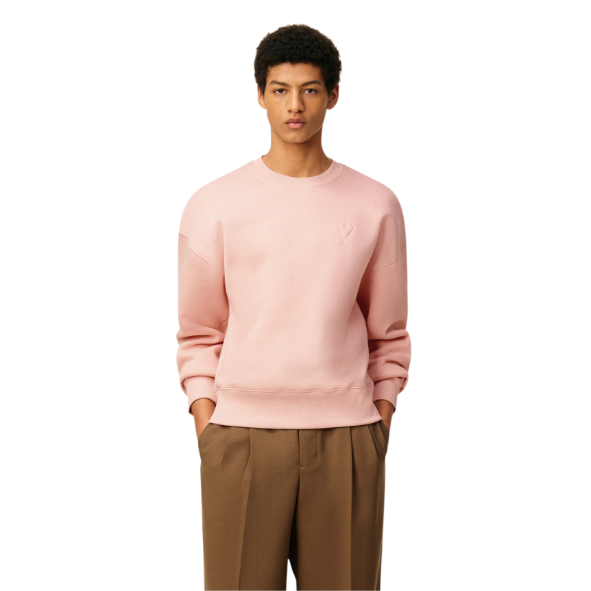 Sweatshirt col rond AMI Paris molleton gratté coton polyester rose saumon cœur ton sur ton