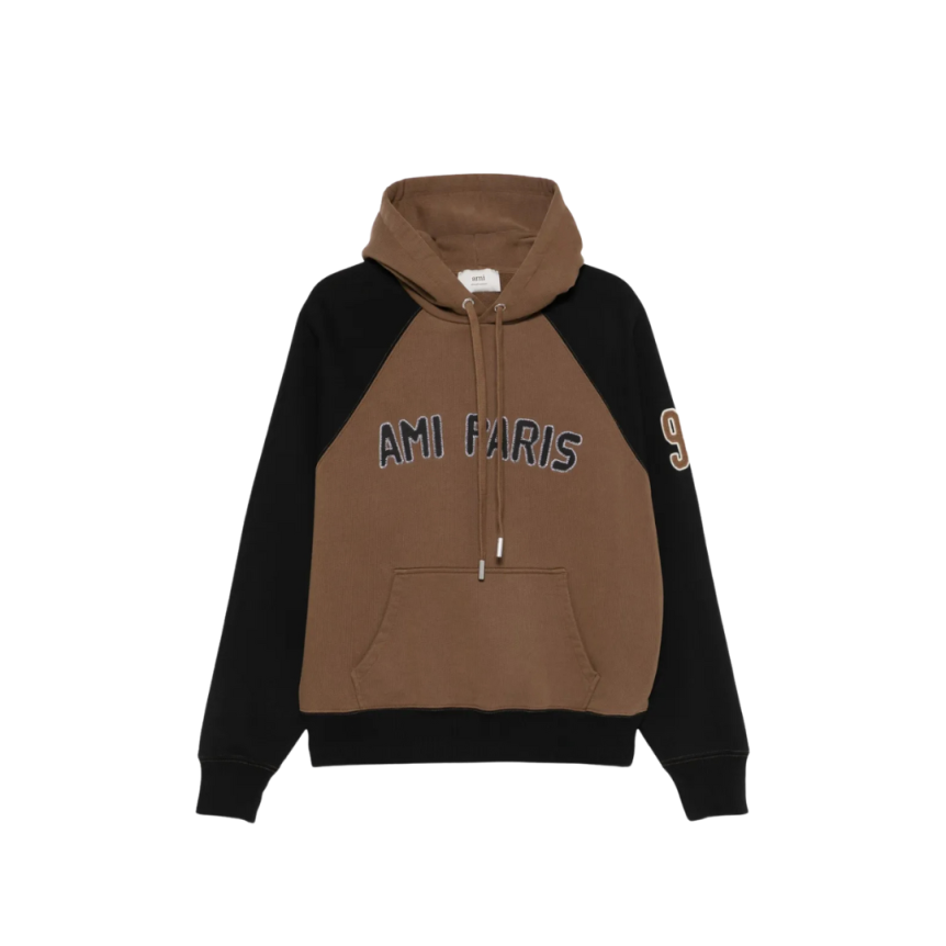 Sweatshirt à capuche Hoodie coton marron noir broderie AMI Paris