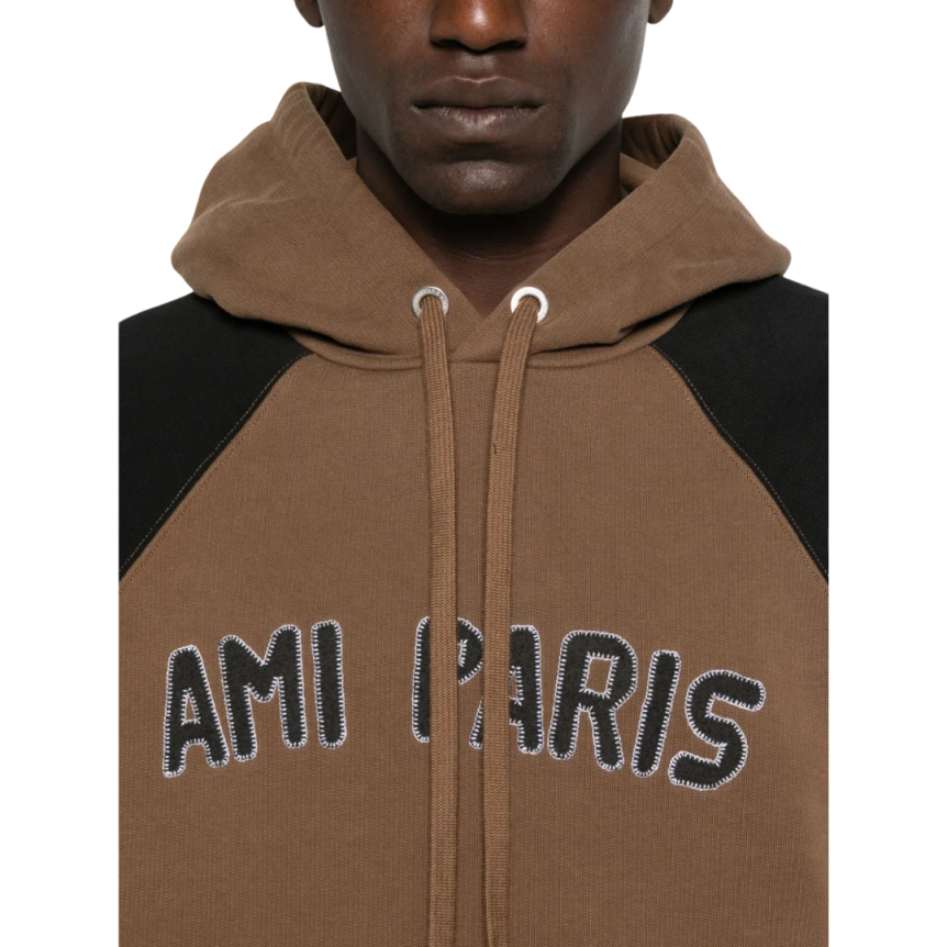 Sweatshirt à capuche Hoodie coton marron noir broderie AMI Paris
