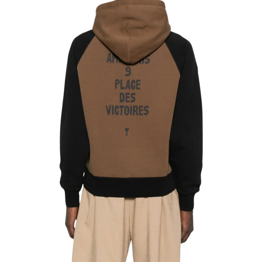 Sweatshirt à capuche Hoodie coton marron noir broderie AMI Paris