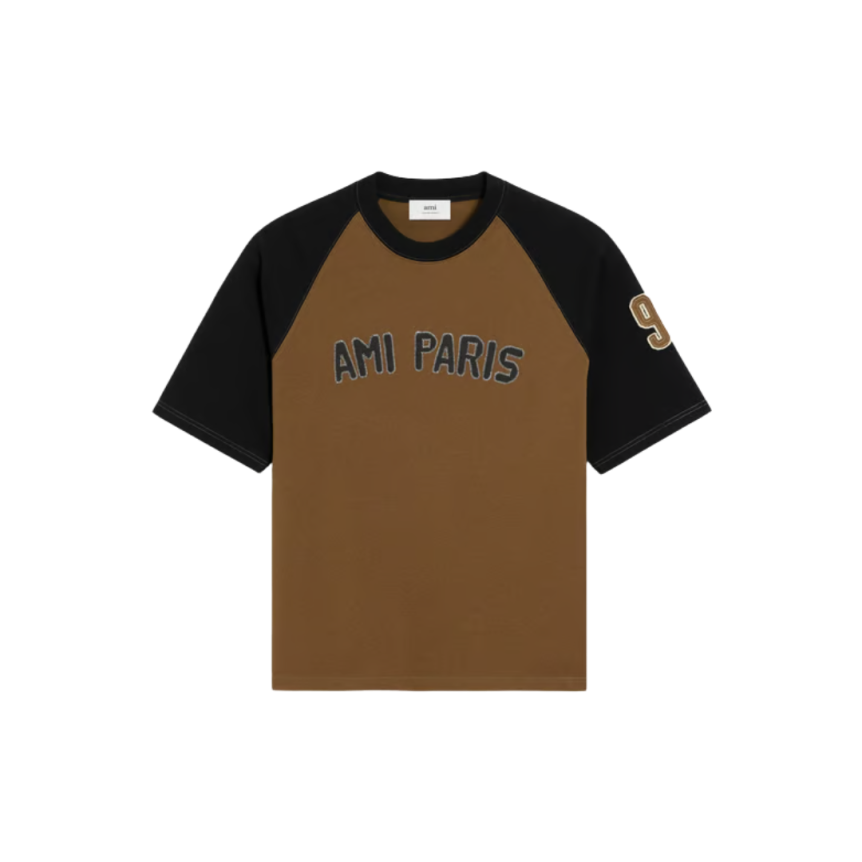 T-shirt collège bicolore jersey coton épais noir AMI Paris marron