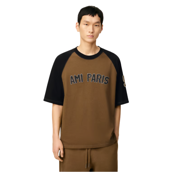 T-shirt collège bicolore jersey coton épais noir AMI Paris marron