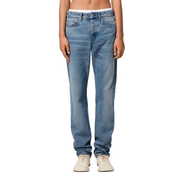 Jean AMI Paris Classic fit coton denim indigo délavé plaque cuir
