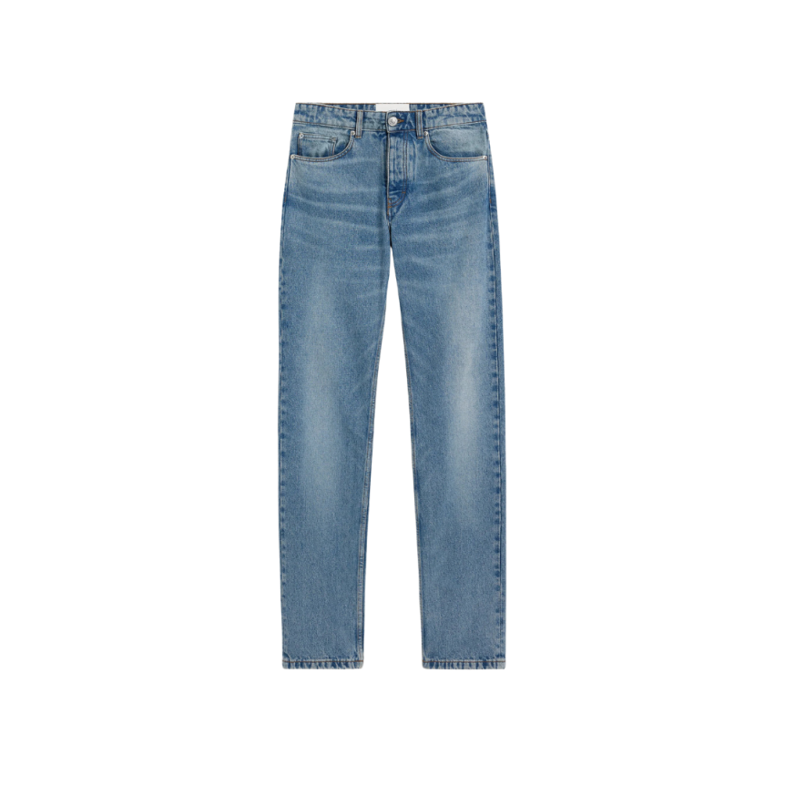 Jean AMI Paris Classic fit coton denim indigo délavé plaque cuir