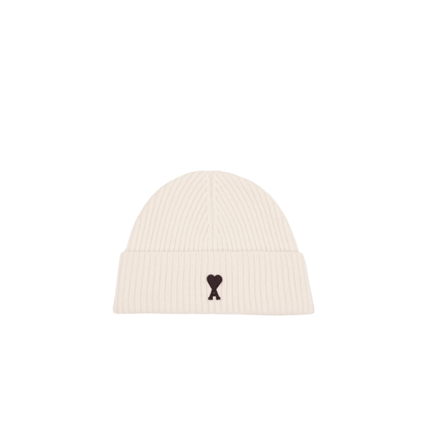 Bonnet AMI Paris maille laine mérinos feutrée blanc broderie cœur noir