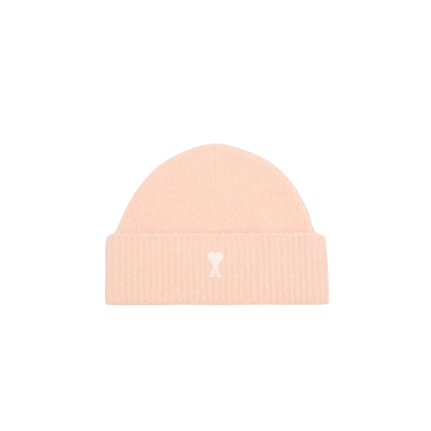 Bonnet AMI Paris maille laine alpaga rose cœur blanc