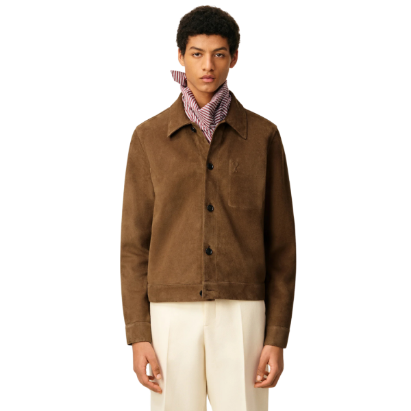 Veste boutonnée AMI Paris cuir suède chèvre marron cœur poitrine