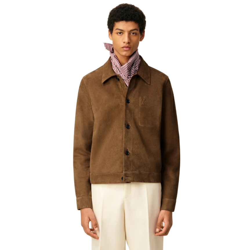 Veste boutonnée AMI Paris cuir suède chèvre marron cœur poitrine