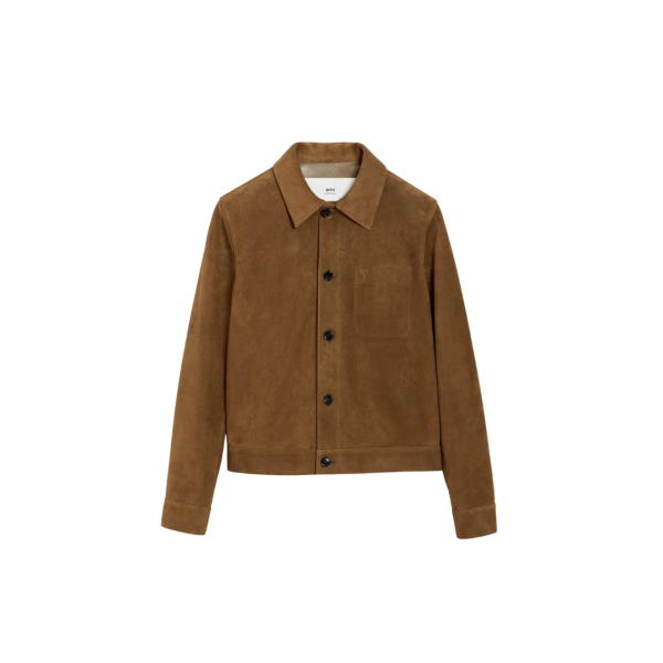 Veste boutonnée AMI Paris cuir suède chèvre marron cœur poitrine